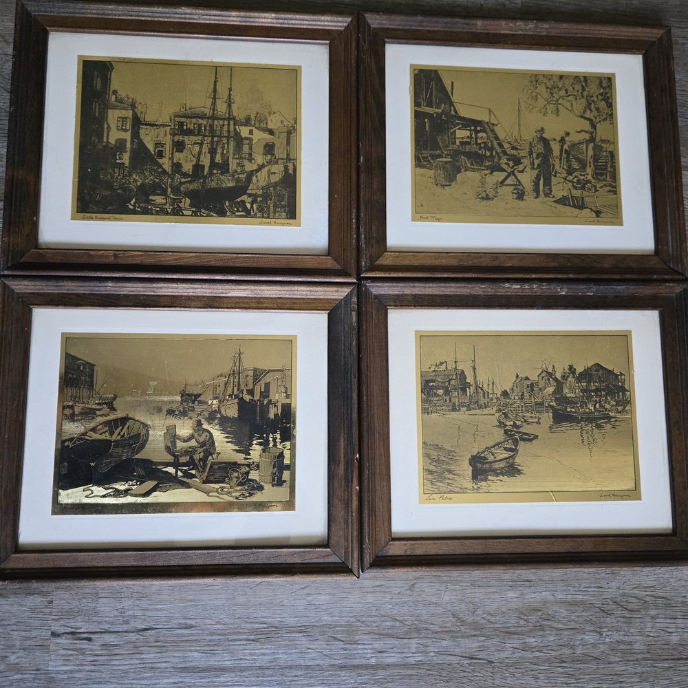 Vintage gold foil etchings by American actor and artist Lionel Barrymore